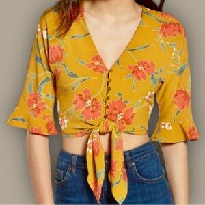 ASTR The Label Golden Yellow Tropical Floral Print Button Up Ruffled Sleeve Top